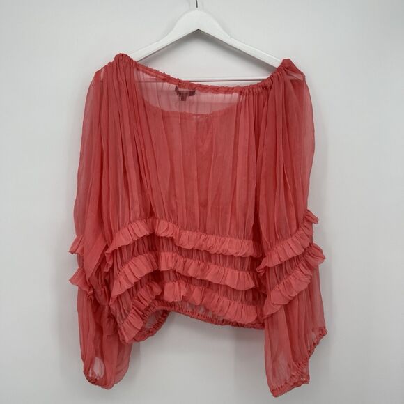 Black Ruffle Coral Pink Sheer Blouse Size Medium Y2k Style - Picture 8 of 8